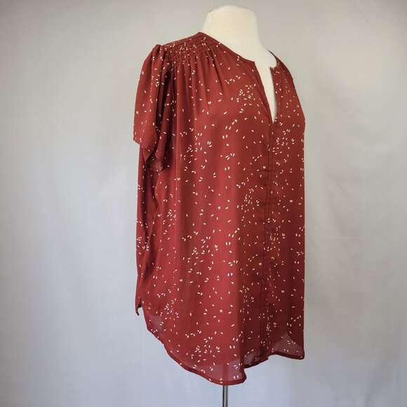 Monday Fun SS Split Neck Blouse With White Ditzy Speckle Print Rust Size 2X - Picture 3 of 12